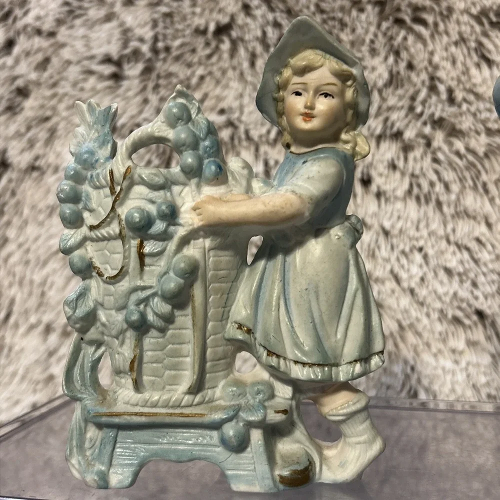 Pair Antique Bisque‎ Porcelain Victorian Boy & Girl Children Child Spill Vases